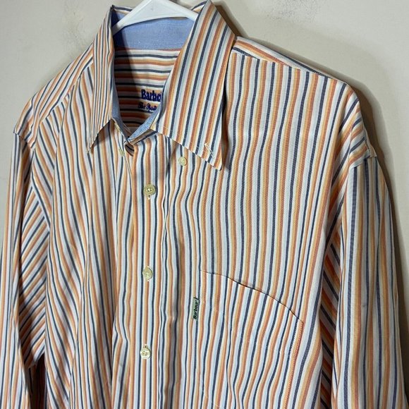 Barbour Men L Button Down Shirt Orange Vertical Stripe Long Sleeve Collared - Picture 2 of 10